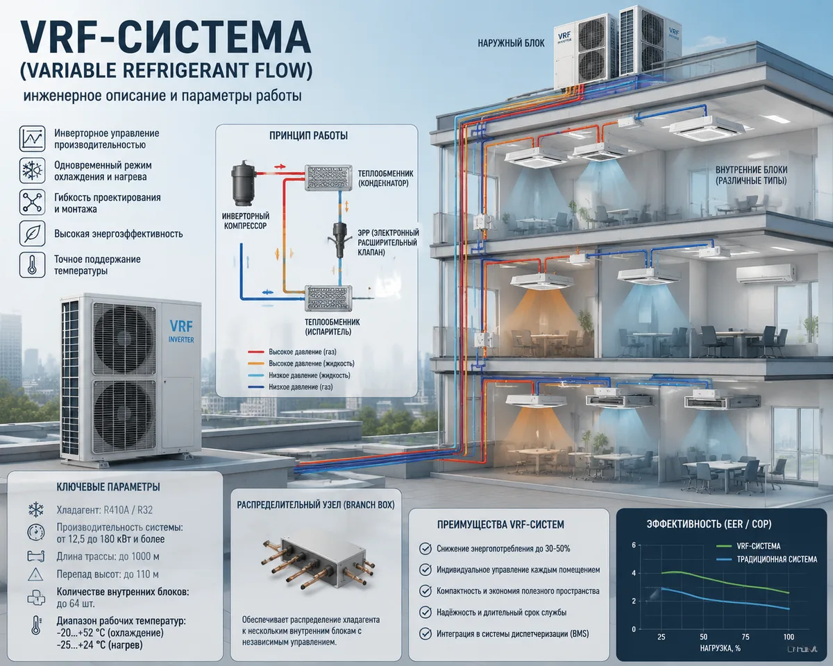 VRF-система (Variable Refrigerant Flow): инженерное описание и параметры работы